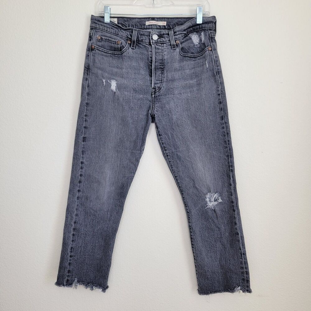 Levis Wedgie Straight Raw Hem 29 High Rise Washed Black Wash Distressed